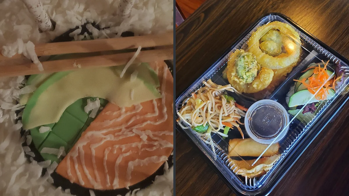 Colorful plates on a casual restaurant table.