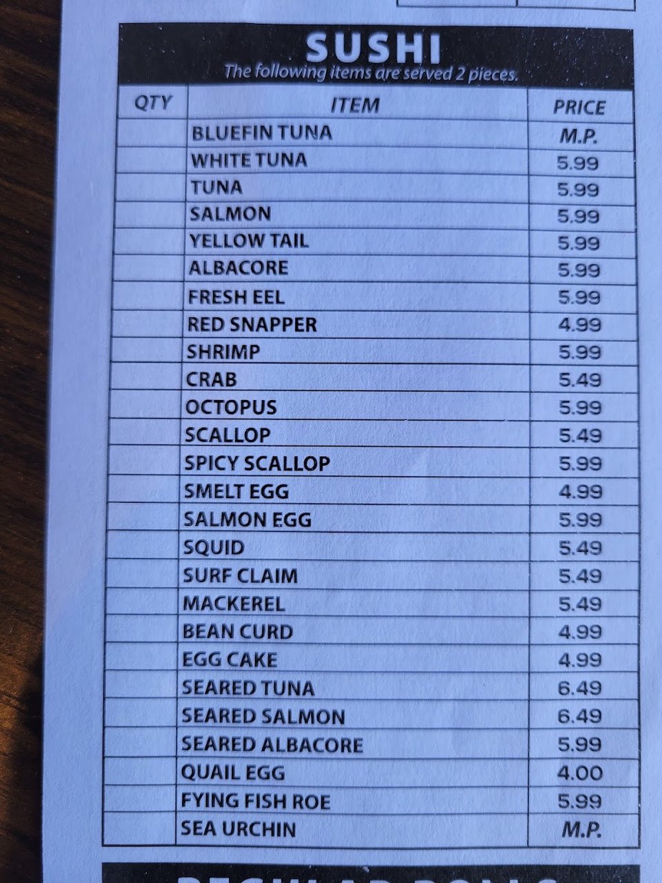 Printed menu with appetizers, soups, and entrées.