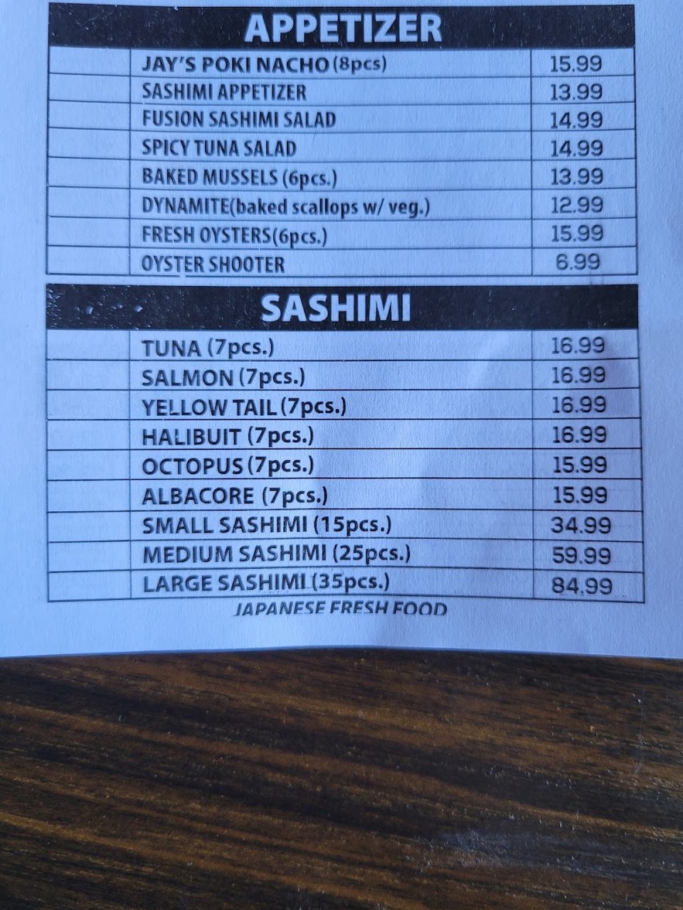 Menu page showing Japanese, Korean, and Chinese dishes.